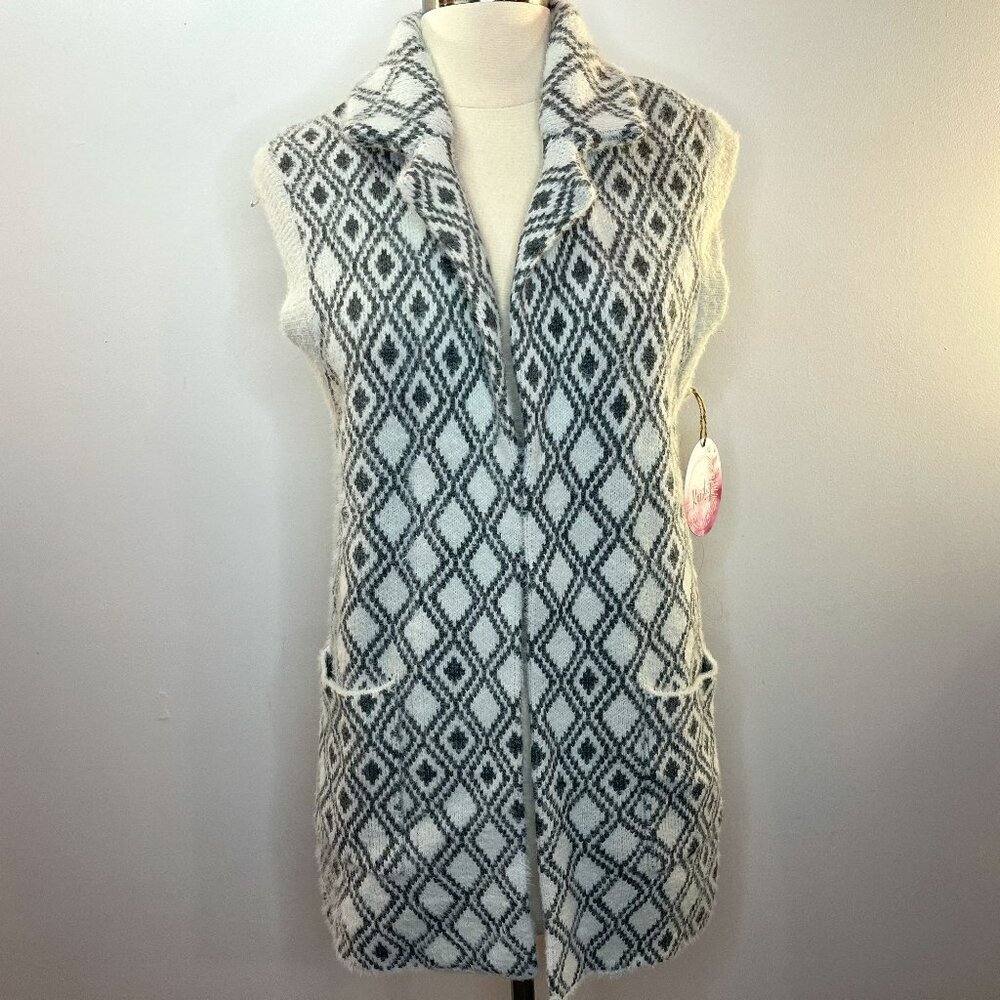 Kaisley Women's White Grey Open Front Sleeveless Cardigan Sweater - Size Small